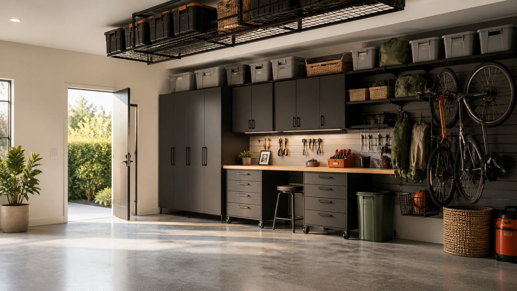 An organized garage with matte black cabinets, overhead racks and wall-mounted bikes